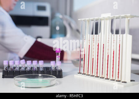 Medizinische Klinik. Ein stand mit Pipetten mit Blut stehen in der Nähe der Probenröhrchen gefüllt Stockfoto