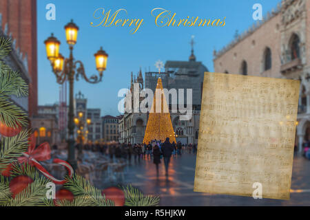 Weihnachten Grußkarten mit verschwommenen Hintergrund auf die Piazza San Marco in Venedig Stockfoto