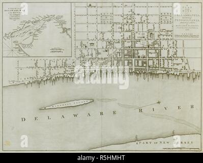 Ein Plan der Stadt Philadelphia, mit einem Einsatz in der oberen linken Ecke ein Diagramm der Delaware Bay und den Fluss. Ein PLAN DER STADT PHILADELPHIA, die Hauptstadt von Pennsylvania aus einer aktuellen Umfrage. LONDON: veröffentlichen würde, da die Handeln leitet, 4. November 1776, von Andreas Dury, Duke's Court, St. Martin's Lane, [4.th November 1776.]. Kupferstich mit original Hand Farbe. Quelle: Karten K. Top. 122,7. Sprache: Englisch. Stockfoto