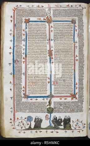 Ein Bas-de-Seite Szene von vier Mönche. Decretals von Gregor IX mit Glossa o (der "mithfield Decretals"). Frankreich, S. (Toulouse?); im letzten Viertel des 13. Jahrhunderts oder 1. Quartal des 14. Jahrhunderts. Quelle: Royal 10 E.IV, w.222 v. Sprache: Latein. Autor: Raymond von PeÃ±afort, Editor. Bernhard von Parma, glossator. Stockfoto