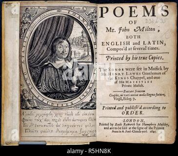 John Milton. Gedichte von Herrn John Milton, sowohl auf Deutsch als auch auf Englisch und Latein. c. Ruth Raworth, für H. Moseley: London, 1645. John Milton (1608-1674). Englischer Dichter. Porträt. Bild aus Gedichten von Herrn John Milton, sowohl auf Deutsch als auch auf Englisch und Latein genommen. komponierte mehrmals. Gedruckt von seiner wahren Kopien.. Ursprünglich veröffentlichte/in Ruth Raworth produziert, für H. Moseley: London, 1645. . Quelle: C.12. d.20, Titelseite & Frontispiz. Sprache: Englisch. Stockfoto