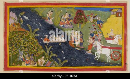 Die Gefährten der Fluss Ganges und Guha, der Nisada chief erreicht haben, kommen Sie zusammen mit einigen seiner Leute von ihren nahe gelegenen Stadt zu begrüßen. Rama fragt ihn ein Boot zur Verfügung zu stellen, so dass Sie den Fluss überqueren kann. Er sagt Sumantra den Wagen zurück, um Ayodhya, mit einem letzten fröhlichen Nachricht an seinen Vater und seine Mutter, dass Sie sicherlich die drei von Ihnen wieder. Rama und Laksmana haben veräußert ihre Kronen und nun ihre Haare mat mit dem Saft einer Banyan Tree in der Art und Weise der Asketen. Der guha Männer Zeile über den mächtigen Ganges, während in der Mitte des Streams Sitzen Stockfoto