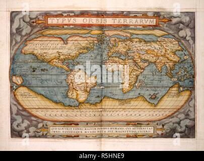 Weltkarte. Theatrum Orbis Terrarum. Antwerpen, 1570. Quelle: Maps. C.2. C.3. Autor: Ortelius, Abraham. Stockfoto