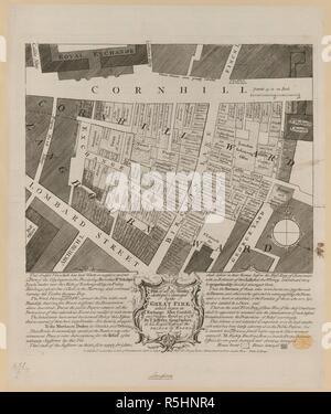 Plan der Häuser durch ein Feuer im Austausch Alley, Cornhill, 25. März 1748 zerstört. Ein Plan, der alle Häuser zerstört und durch das große Feuer, die in Exchange Alley, cornhill begonnen, 25. März 1748 beschädigt, von T.Jeffereys. Quelle: Maps.K.. 21.9. Sprache: Englisch. Autor: Jefferys, Thomas. Stockfoto