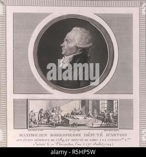 Maximilien Robespierre. Historische Fotos, die die meisten remarka. J. Charles: Paris, 1803. Maximilien Marie Isidore de Robespierre (1758-1794). Französische revolutionäre Politiker. Porträt. Bild von historischen Aufnahmen, welche die bemerkenswerte Ereignisse, die während der frühen Periode der französischen Revolution aufgetreten, die mit einem bestimmten Konto jener wichtigen Transaktionen mit Porträts und historische Abhandlungen aus dem Französischen von M. Champort [d.h. übersetzt S.R.N. Chamfort] und andere namhafte Schriftsteller, etc. Ursprünglich veröffentlichte/in J. Charles: Paris, 1803 produziert. Stockfoto