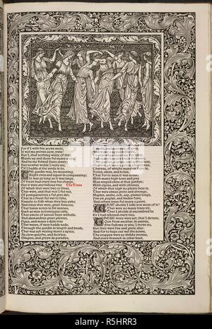 Tanzen. Die Werke von Geoffrey Chaucer jetzt neu bedruckt. Kelmscott Press: Hammersmith, 1896. Frauen tanzen. Romantik der Rose. Bild aus den Werken von Geoffrey Chaucer jetzt neu bedruckt. (Herausgegeben von F.S. Ellis; mit Bildern, die von Sir Edward Burne-Jones verziert, und graviert auf Holz von W. H. Böttcher). Ursprünglich veröffentlicht in Kelmscott Press: Hammersmith, 1896 produziert. . Quelle: C.43.h.19,. Sprache: Englisch. Stockfoto