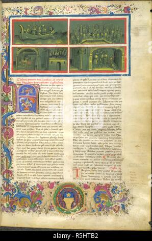 Miniatur in vier Teile, einschließlich Szenen der Lucretia und die Könige von Rom?, und eine beleuchtete Erste zu Beginn des ersten Jahrzehnts des Livius, Ab urbe condita und eine Grenze zwischen 1471-1474 mit den Wappen von Kardinal Pietro Riario hinzugefügt. Ab urbe condita. Italien N.E.? (Padua?), C. 1400. 29 Miniaturen, in Grün und Gelb camaÃ ¯ eu mit Rot, meistens in zwei oder mehr Fächern, von 29 großen Initialen in verschiedenen Farben und Gold begleitet unterteilt. 350 x 235 (245 x 170) in zwei Spalten. Quelle: Burney 198 f 4. Sprache: Latein. Stockfoto