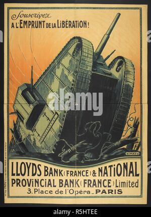 Eine französische Plakat mit der Darstellung eines Tank durch den Stacheldraht zu brechen. . [Eine Sammlung von Englischen und Französischen Krieg (der Erste Weltkrieg) Poster.]. 1914-1919. Quelle: Tab. 11748. a. Poster 240. Stockfoto