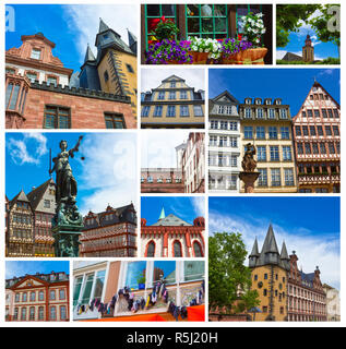 Die Altstadt mit der Justitia Statue in Frankfurt Stockfoto