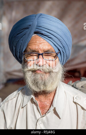 Porträt eines Mannes mit weißem Bart und blauen Turban, Jaipur, Rajasthan, Indien Stockfoto