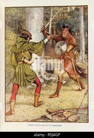 Robin Hood und Guy von Gisborne. Robin Hood und seine fröhliche Männer... Mit 8 illustrati. 1915. Robin Hood und Guy von Gisborne kämpfen. Bild von Robin Hood und seine fröhliche Männer mit 8 Abbildungen in Farbe von Walter Crane. Ursprünglich veröffentlichte/1915 produziert. . Quelle: 2700032 h.1/3, gegenüber 148. Sprache: Englisch. Stockfoto