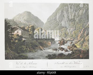 Ein Blick auf die Schlucht im Fluss Lammer, mit einer Holzhütte auf der linken und eine Brücke und die Berge im Hintergrund. Vue de la Klamm dans le Pays de Salzbourg = Ansicht in der Klamm im Salzburgischen. Mannheim: beÃ ¿D. Artaria, [1807]. Handcolorierte Aquatinta und Ätzen. Quelle: Karten 7 Tab.64. (3.). Sprache: Englisch und Französisch. Stockfoto