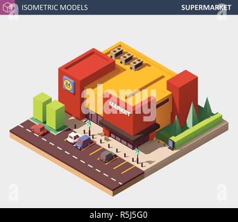 Isometrische Vector Illustration einer Supermarkt Lebensmittelgeschäft. Stock Vektor