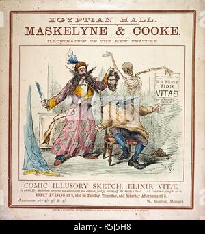 Ägyptische Halle, Piccadilly. Maskelyne & Cooke, 1878. Comic illusorisch Skizze, Elixier vitÃ¦, in dem Herr Maskelyne die erstaunliche und amüsante Meisterstück, das Herr Cooke's Kopf führt. Skelett hinter sich. Eine Sammlung von Broschüren, Handzettel, und sonstige Drucksachen im Zusammenhang mit viktorianischen Unterhaltung und Alltag. Baynes & Schreinerei, Dampf, Drucker, 7, Braut, Ludgate Circus, E., & Gravesend. 1878. Magic tricks; Skizzen; optische Illusionen; Zauberer; visuelle Wahrnehmung. John nevil Maskelyne, 1839-1917; Cooke, George Alfred, 1825-1905; Morton, William, 1838-1938. Quelle: Ev Stockfoto