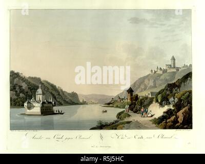 Menschen gehen, die durch den Rhein in der Nähe von Kaub im Vordergrund rechts, mit Blick auf die Burg Pfalzgrafenstein auf Falkenau Insel auf der linken Seite. Gutenfels Burg auf einem Hügel auf der rechten und der Stadt Oberwesel im Hintergrund. Ansicht von Caub gegen Oberwesel=Vue de Caub vers Oberwesel. Wien: bey Artaria Comp., [1798] handkolorierte Radierung. Quelle: Karten 6 Tab.12, Blatt 17. Sprache: Deutsch und Französisch. Autor: Ziegler, J. Stockfoto