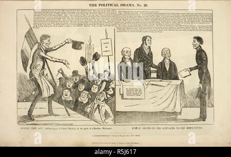 Popay der Spion. Popay gibt in seinen Berichten zu seinem Arbeitgeber. Das politische Drama. [Eine Reihe von Karikaturen.]. [London]: Gedruckt und von G. Drake, 12, Houghton Street, Clare Markt, 1834-1835.] veröffentlicht. Quelle: HS. Nr. 74/1630 20. Autor: Grant, Charles Jameson. Stockfoto