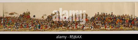 Panorama einer durbar Prozession von Akbar II., Kaiser von Delhi, 1806-37, vermutlich anlässlich der Id oder nach dem Ramadan. Der Kaiser ist durch seine Söhne, von der britischen Bewohner, hohe Beamte sowohl indische als auch Briten sowie durch Truppen gefolgt. Die königliche Prozession mit Elefanten, die königlichen Insignien (Sonne, Regenschirm, Fisch, Normen, usw.), Kamele, Pferde, Gewehr - Kutschen, palanquins und geschlossene Farren - Kutschen für die Damen. Indien, durch ein Delhi Künstler, c 1815. Wasser - Farbe; 6,25 mit 94 ins. Quelle: Hinzufügen. Oder. 888 Kapitel 3. Stockfoto