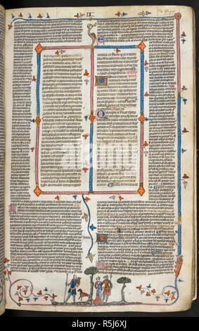 Ein Bas-de-Seite Szene von zwei Ritter, eine Dame und einen Hund. Decretals von Gregor IX mit Glossa o (der "mithfield Decretals"). Frankreich, S. (Toulouse?); im letzten Viertel des 13. Jahrhunderts oder 1. Quartal des 14. Jahrhunderts. Quelle: Royal 10 E.IV, F 102. Sprache: Latein. Autor: Raymond von PeÃ±afort, Editor. Bernhard von Parma, glossator. Stockfoto