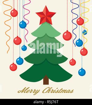 Vektor Weihnachten Hintergrund für Grußkarten mit grüner Baum, Red Star, Weihnachtskugeln und Bänder. frohe Weihnachten Text ist unten Stock Vektor