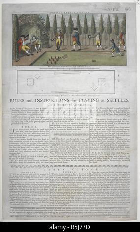 Ein Blick auf eine Kegelbahn Boden; einen Plan eines doppelten Kegelbahn Boden; Regeln und Anweisungen für das Spielen an Kegeln. Regeln und Anweisungen für das Spielen an Kegeln. Von einer Gesellschaft der Herren. London, 1786. Quelle: C 161. w.3. (40). Sprache: Englisch. Stockfoto