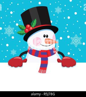 Vektor weihnachten Cartoon Illustration der Schneemann Holding leeres Papier für Ihren Text. Winter Hintergrund mit Schneemann und Schneeflocken Stock Vektor