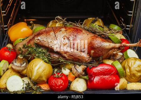 Ganzen gebratene gefüllte Gans mit Äpfel, Kräuter und Gemüse auf Pan. Bereit für Weihnachten Stockfoto