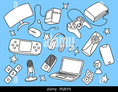 Spiele doodle Kunst mit blauem Hintergrund und hand Skizze stil Vector Illustration Stockfoto