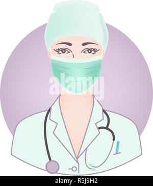 Das Gesicht einer jungen Frau Doktor, in einer Maske, Kappe, Robe, medizinische Uniform mit einem Stethoskop. Symbol, Kreis avatar für soziale Netzwerke, Standort Stock Vektor