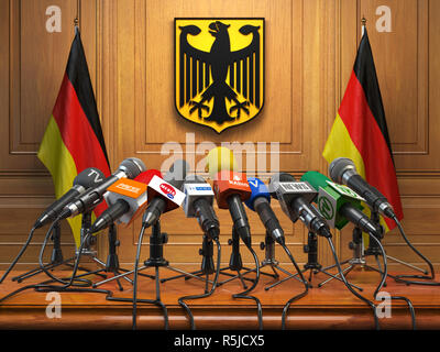 Drücken Sie die Taste Konferenz oder Besprechung der Präsident oder Premierminister von Deutschland Konzept,. Podium Lautsprecher Tribüne mit Deutschland Flaggen und Wappen Arme. 3d-illust Stockfoto