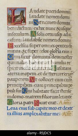 Text Seite mit ersten 'L'. Mirandola Stunden. Italien, ca. 1490-1499. [Ganze folio] Text Seite von den Stunden der Jungfrau. Psalm 112 mit ersten 'L', der Äste gegen einen malerischen Hintergrund Bild von Mirandola Stunden gebildet. Ursprünglich veröffentlicht in Italien produziert, ca. 1490-1499. Quelle: Hinzufügen. 50002, w.41 v. Sprache: Latein. Stockfoto