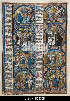 Biblische Szenen und moralizations in einer Serie von acht roundels. Bibel moralisÃ©e (Abschnitt des Oxford-Paris - London Bibel moralisÃ © e), enthält 1 Makkabäer 1 Makkabäer 14:57-2:46. Frankreich, Zentrale (Paris); 2. Quartal des 13. Jahrhunderts. Quelle: Harley 1526, f, 31. Sprache: Latein. Stockfoto