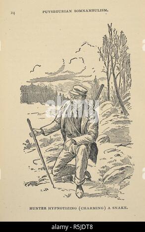 Hunter hypnotisiert (charmant) eine Schlange. Hypnose. Die Fakten, Theorien und verwandte Phänomene... 4. überarbeitete Auflage. Chicago: C. Sextus, 1896. Quelle: 7410.dh.20 auf Seite 24. Autor: Sextus, Carl. Stockfoto