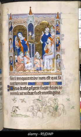 Jesus im Tempel; Hawking. Queen Mary Psalter. England (London?); ca. 1310-1320. (Ganze folio) Oben, Miniatur zeigt Jesus auf einer hohen Säule sitzt, mit der Jungfrau Maria und Joseph, erläutern die Ärzte in den Tempel; Unten, Text von Psalm 52:2-3 mit Bas-de-Seite Szene, Hawking, mit Mann und zwei Frauen auf dem Pferd, mit der man zu Fuß mit einem Köder, und einer Hawk markante eine Ente. Bild von der Queen Mary Psalter entnommen. Ursprünglich veröffentlichte/hergestellt in England (London?); ca. 1310-1320. . Quelle: Royal 2 B VII, w.151. Sprache: Latein. Stockfoto