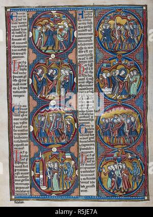 Biblische Szenen und moralizations in einer Serie von acht roundels. Bibel moralisÃ©e (Abschnitt des Oxford-Paris - London Bibel moralisÃ © e), enthält 1 Makkabäer 1 Makkabäer 14:57-2:46. Frankreich, Zentrale (Paris); 2. Quartal des 13. Jahrhunderts. Quelle: Harley 1526, f, 12 v. Sprache: Latein. Stockfoto