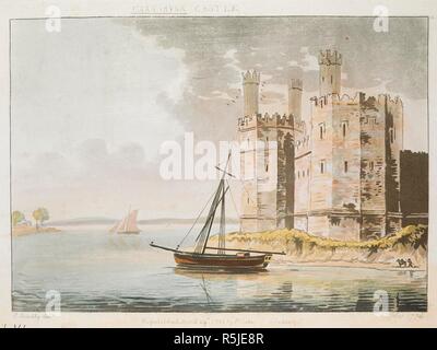 Boote auf dem Wasser von Caernarfon Castle. CARNARVON CASTLE. [London]: 29. April 1785 von F. Jukes Howland St., [29.04.1785] wieder neu aufgelegt. Aquatinta und Ätzen mit hand-Färbung. Quelle: Karten K. Top. 46.45. g. Sprache: Englisch. Autor: Schränke, Paul. Stockfoto