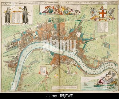 Eine Karte der Städte London und Westminster und der Stadtteil Southwark mit ihren Vorstädten, wie es jetzt ist wieder aufgebaut seit Ende der schrecklichen Feuer. Eine Sammlung der Grafschaft Mapps des Dawn of England und Fürstentum Wales, von John Verkäufer (mit einer Karte von Schottland und eine Karte von Irland, einen Plan von London und 27 Blick auf die wichtigsten Gebäude). 1680. Quelle: Karten 1.TAB.18, Seite 4. Sprache: Englisch. Stockfoto