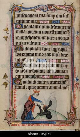 Bas-de-Seite Szene der Jungfrau Maria das Erzwingen einer Devil€ ™ s Kopf in ein Loch im Boden und Auspeitschen der Teufel, mit Bildunterschrift lesen, â € "Cy flaele n [Ost] Re dame Dun baleis Le deable et puis Le comaunde Kolben au Penz denfernâ €™. Buch der Stunden, Verwendung von Sarum (die "taymouth Stunden"). England, S.E.? (London?); 2. Quartal des 14. Jahrhunderts. Quelle: Yates Thompson 13, w.174 v. Sprache: Latein und Französisch. Stockfoto