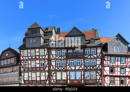 Historische Fachwerkhäuser am Marktplatz in Butzbach Stockfoto