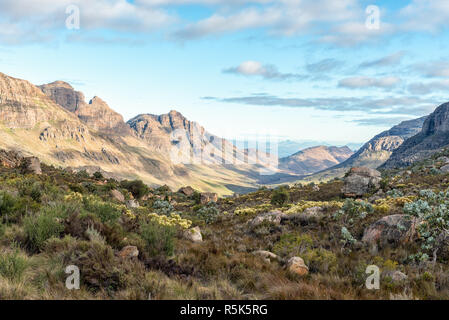 Blick von der Uitkyk Pass nach Algerien in den Cederberg Mountains im Western Cape von Südafrika. Wilde Blumen sind sichtbar Stockfoto