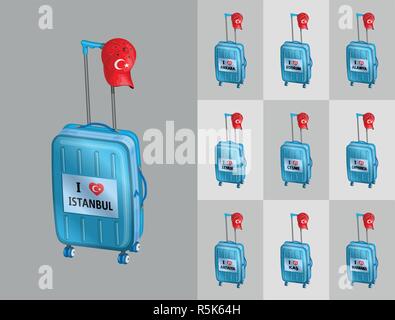 Touristische Gepäck für die Reise in die Türkei touristischen Städte mit Türkischen cap. Alle Objekte sind in verschiedenen Schichten und der Text -Typen benötigen keine fon Stock Vektor