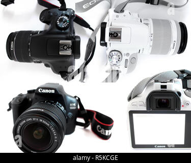 Kamera Canon 1300D, Canon 100d Eos, Objektiv EFS 18-55mm, schwarz, weiß, Editorial, illustrative Stockfoto