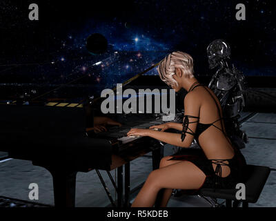 Nahaufnahme von einem Roboter und einer Frau Klavier spielen mit Raum Hintergrund - 3D-Rendering Stockfoto