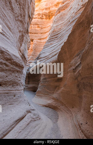 Die steile, vertikale Wände eines Slot Canyon reflektieren das Sonnenlicht und umgeben die Unterseite eines Slot Canyon bei Kasha-Katuwe Tent Rocks National Monument Stockfoto