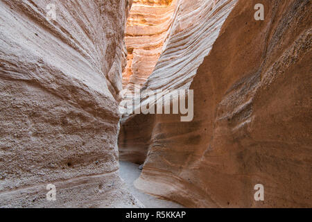 Der Weg windet sich durch den Boden eines Slot Canyon mit Sonnenlicht aus dem Canyon Wände an Kasha-Katuwe Tent Rocks National Monument widerspiegelt Stockfoto