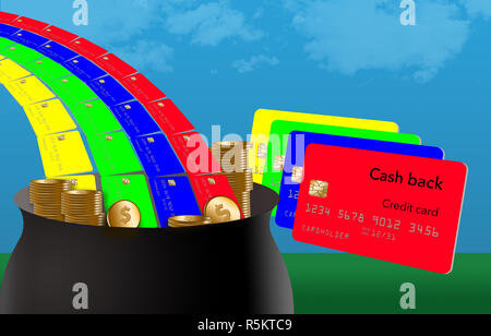 Getting Cash Back Kreditkarte Einkäufe ist wie der Suche nach dem Topf voll Gold am Ende des Regenbogens. Dies ist eine Abbildung über dieses Thema. Stockfoto