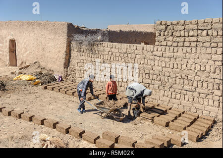 01-03-15, Marrakesch, Marokko. Herstellung von Ziegeln aus Lehm und Stroh im sub-Atlas Berber Region. Ziegel trocknen in der Sonne. Foto: © Simon Grosset Stockfoto