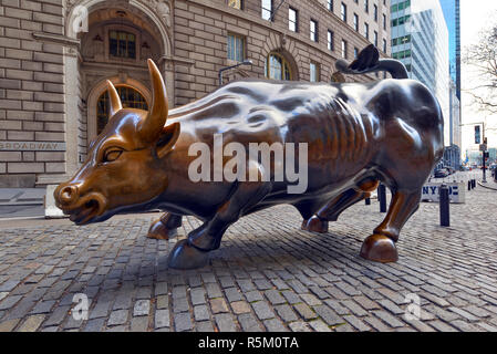 Als Symbol des Kapitalismus und Wohlstand bekannt, die wütenden Stier ist ein Symbol für die Wall Street und beliebte Touristenattraktion in Downtown Manhattan. Stockfoto