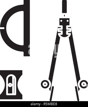 Kompass, Spitzer, Lineal schwarze Symbol, Vektor Zeichen auf isolierten Hintergrund. Kompass, Spitzer, Lineal Konzept Symbol, Abbildung Stock Vektor