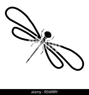 Vector dragon-fly Silhouette. Cartoon grafische Darstellung von damselfly mit schwarzen und weißen Flügel isoliert. Skizze Insekten Libelle Stockfoto