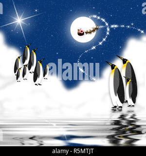 Hintergrund Abbildung der Pinguine in der Arktis in Ehrfurcht vor den Weihnachtsmann und Rentier fliegen durch den Mond in der Nacht. Northern Lights sind in dieser Nacht. Blau Stockfoto